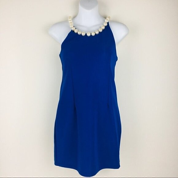 Royal Blue Large Pearl  Neckline Mini Dress - Picture 1 of 6